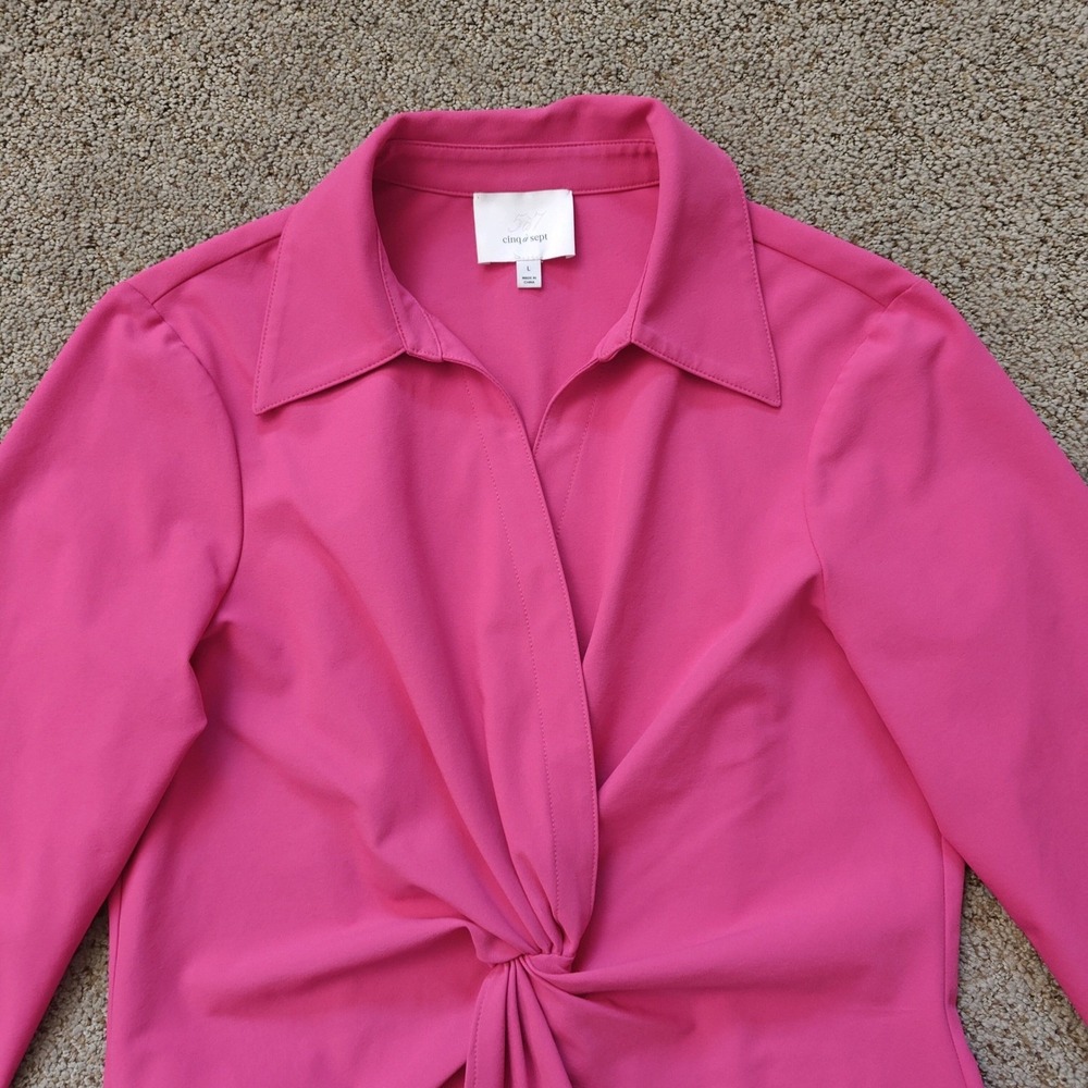 Cinq a Sept Pink Twist Front Flare Sleeve Collared Blouse Shirt Top Women's L - Picture 7 of 11